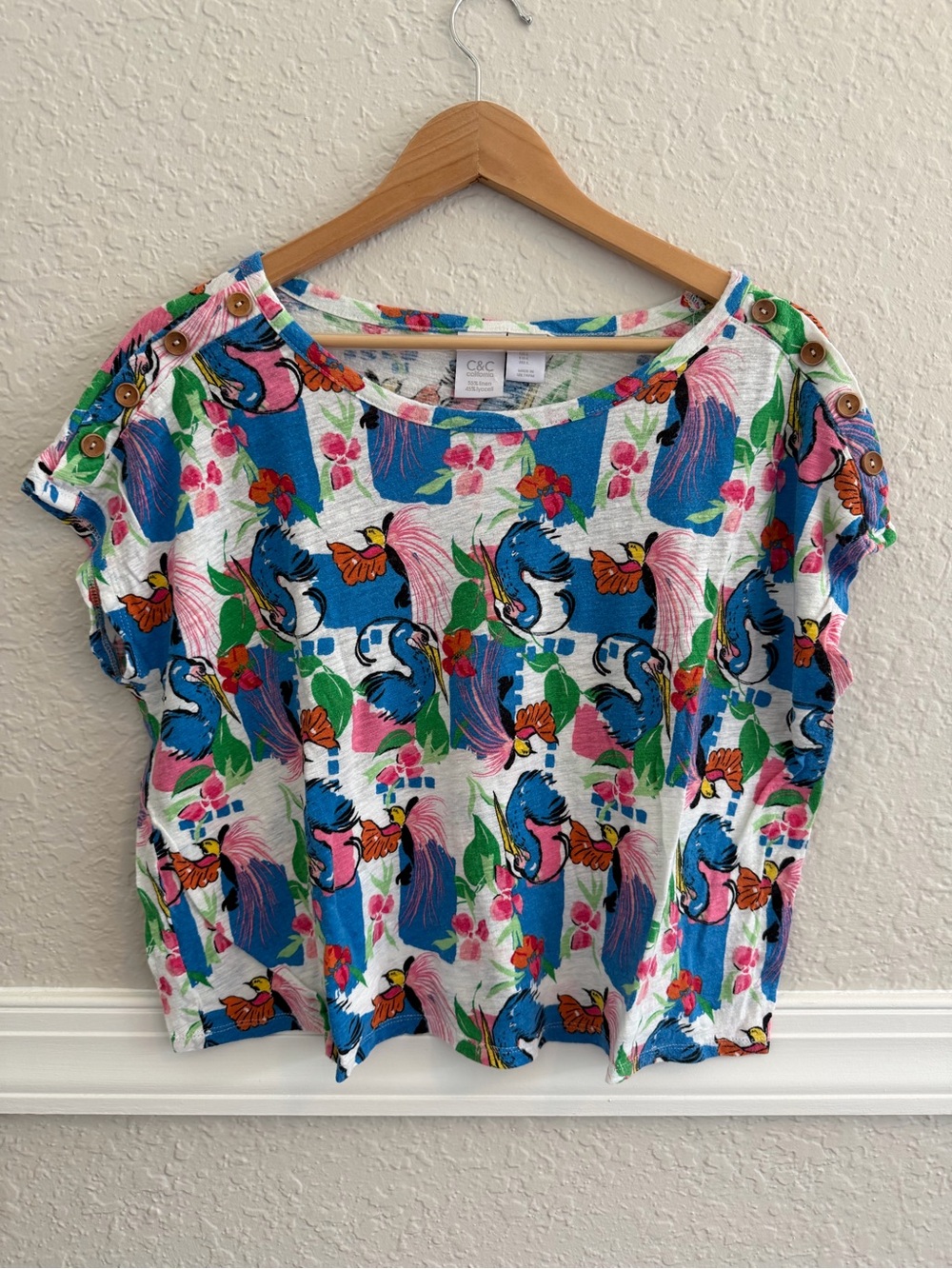 C&C California Bright Tropical Parrot Print Top - Blue, Pink & Green - Size L